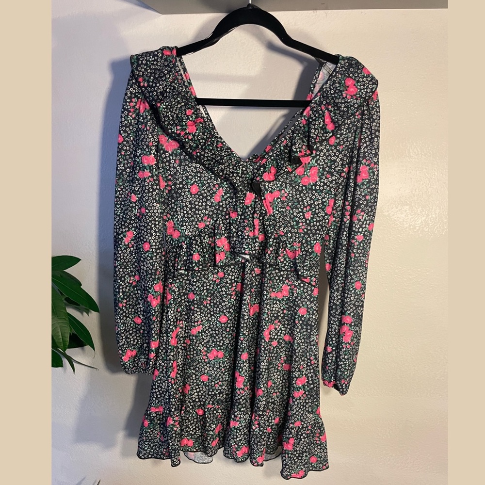 New TOPSHOP Navy blue + floral print long sleeve dress.  UK Size 8/ US Size 4.